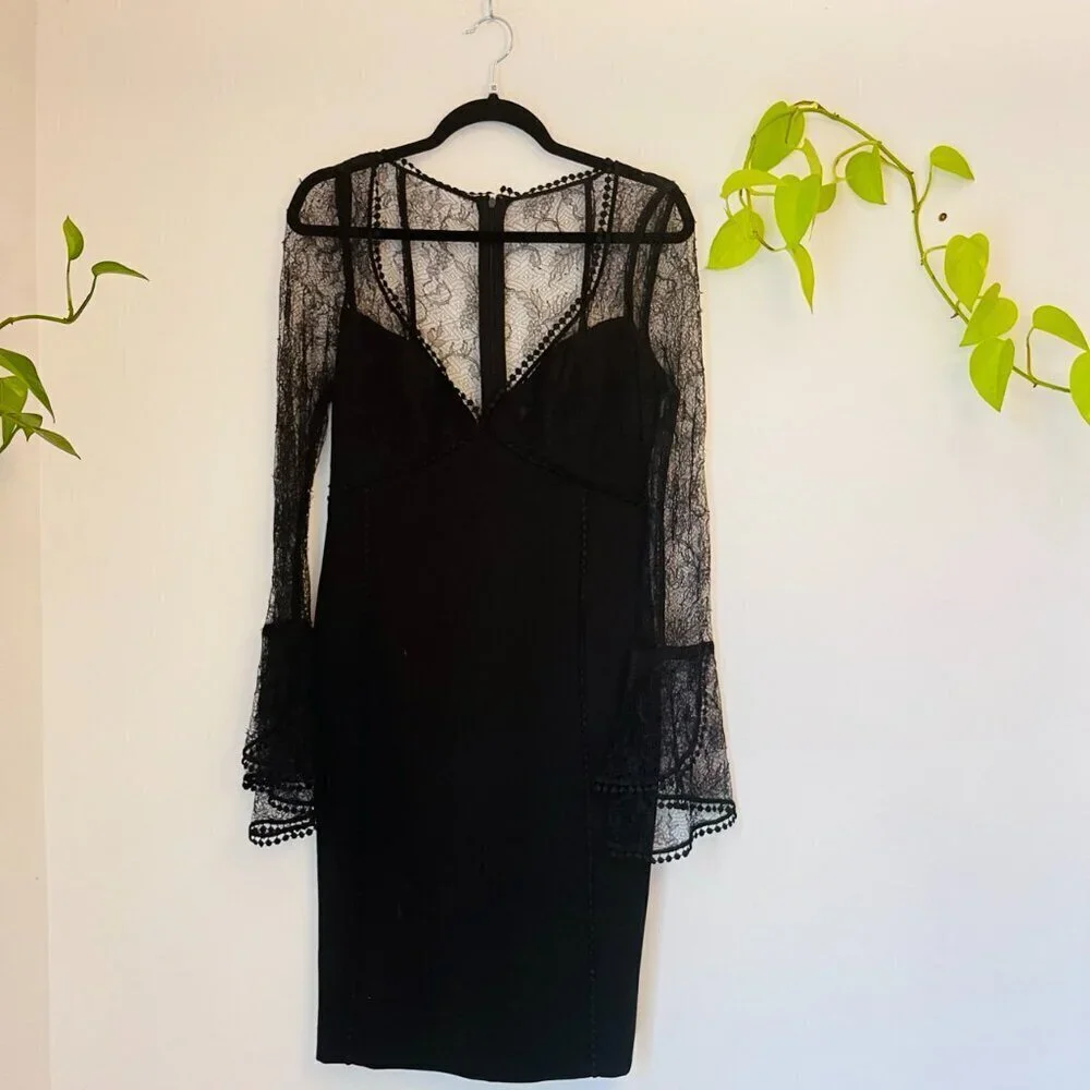 Nicholas Sheer Lace Bell Sleeve Cocktail Sheath Dress - Black - Size 6 - Picture 4 of 17